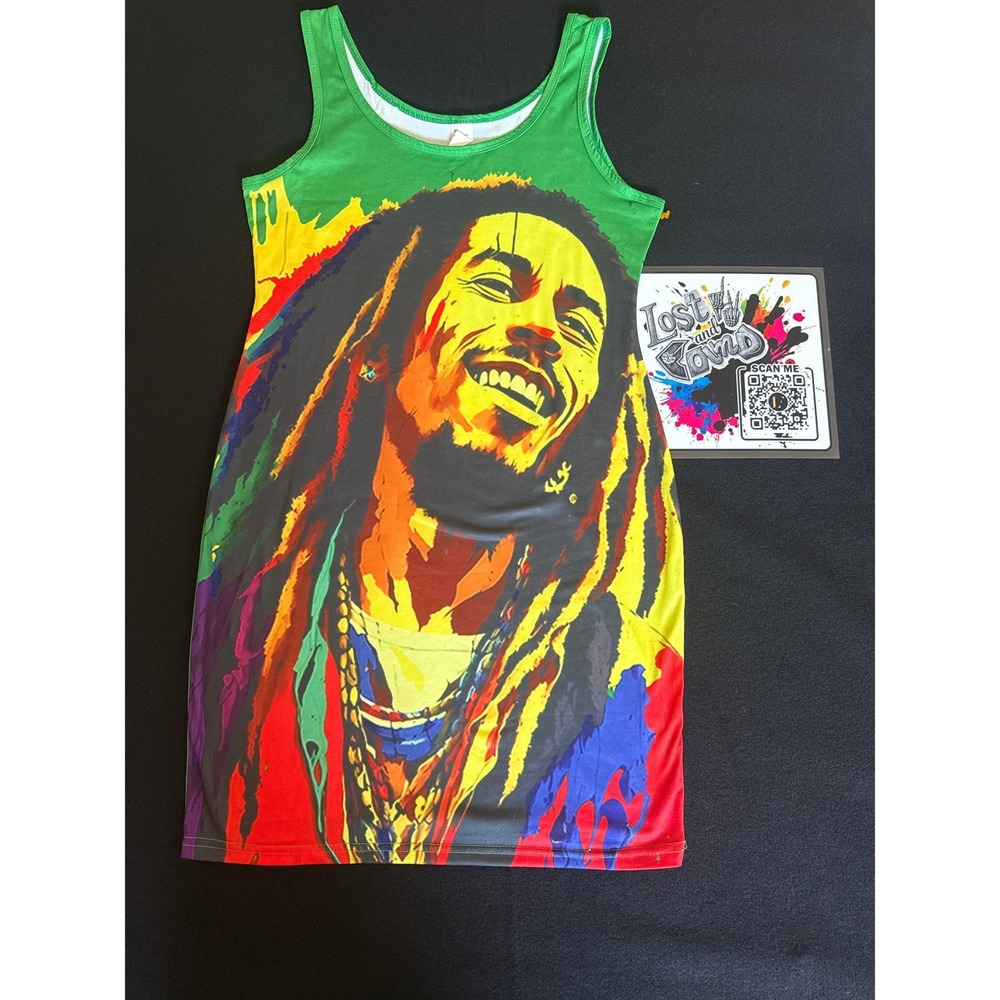Unbranded Bob Marley Graphic Tank Dress Womens  Green Excellent Pop Art Midi (B)